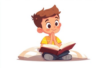Cartoon scene of a boy praying at bedtime with open book for children's storytelling