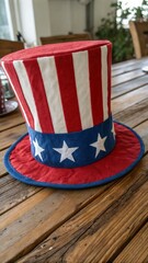 Obraz premium Classic Uncle Sam hat with red and white stripes and a blue band with white stars, placed on a rustic wooden table, soft natural lighting, patriotic and festive atmosphere, high-detail textures