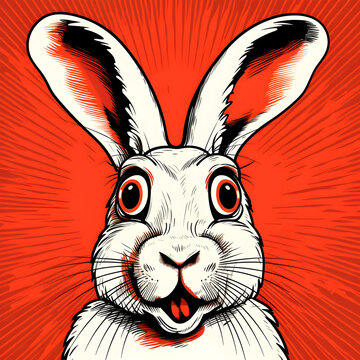 Ausdrucksstarker Comic-Hase mit intensivem roten Hintergrund