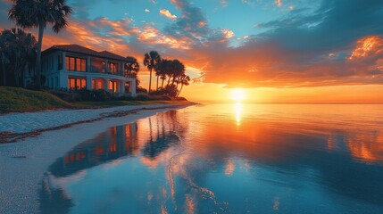 At sunset, a stunning beachfront home in Saint Pete Beach, Florida, lies on the water. It is surrounded by palm trees.