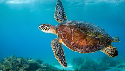 Obraz premium A majestic sea turtle gliding through transparent blue waters, symbolizing marine conservation