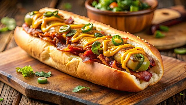 Gourmet hot dog with melted cheese, crispy bacon, and jalapeños, served on a rustic wooden board, soft-focus background, warm and rich colors, mouthwatering and appetizing composition