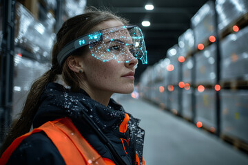 woman wearing futuristic augmented reality glasses stands in warehouse, surrounded by stacked pallets. glasses display digital information, enhancing her focus on cargo management