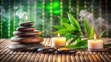 Peaceful spa scene with a stack of hot stones on a bamboo mat, surrounded by flickering candles and fresh green leaves, soft steam rising in the background, tranquil and soothing mood