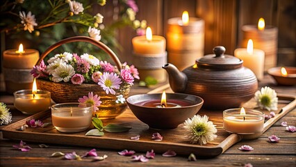 Fototapeta premium Zen spa atmosphere with an herbal tea set, scented candles, and a bowl of floating flowers, dim lighting, soft shadows, warm wooden textures, peaceful and meditative composition