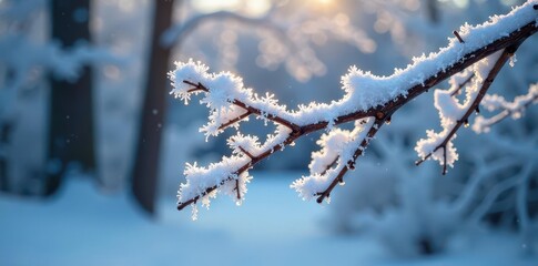 Obraz premium Frozen branch covered in sparkling snowflakes, snow-covered tree, sparkling