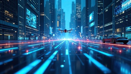 Fototapeta premium Futuristic cityscape featuring a drone flying above glowing streets alongside a sleek electric car at twilight