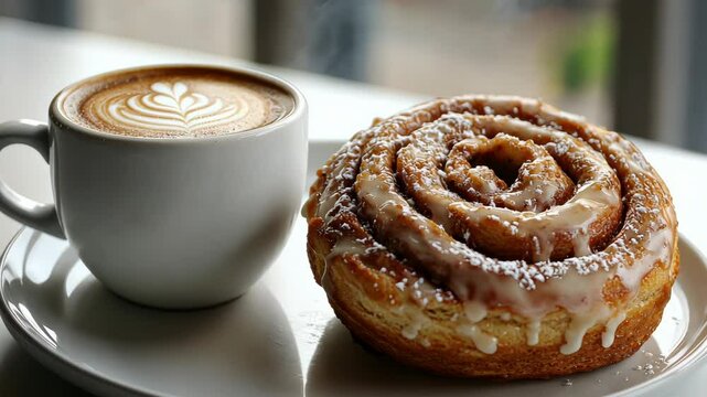 Warm morning delight: coffee with cinnamon roll by sunny window