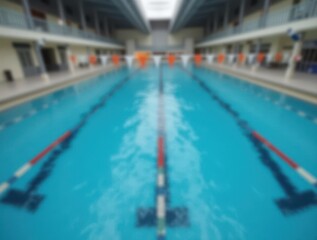 Obraz premium Blurred tournament swimming pool with blue water lane dividers and reflections of overhead lights