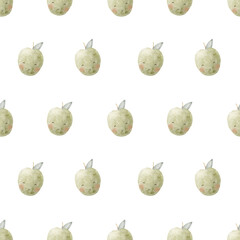 Watercolor pattern cheerful apple green, fruits cute eyes. Seamless summer print. Hand-drawn illustrations, stylized on white background for design of children's textiles fabrics, packaging wallpapers
