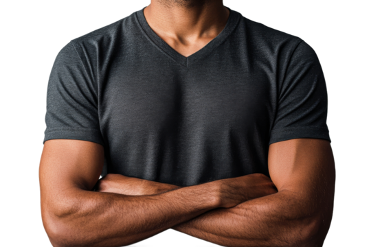 Muscular man with crossed arms in fitted shirt