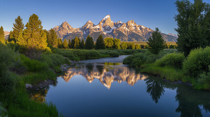 Obraz premium Scenic mountain landscape with towering peaks reflecting in a tranquil lake, surrounded by lush evergreen forests, vibrant autumn foliage, and a clear blue sky, perfect for travel, nature, adventure, 