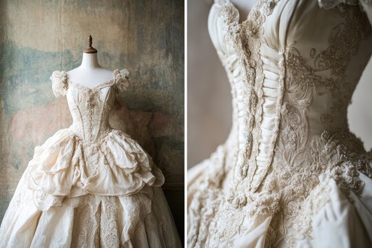 A Rococo Revival - inspired wedding dress with lace details, a voluminous skirt, and intricate beading