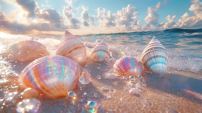 Dreamy Seaside View with Vibrant Seashells and Sparkling Water Bubbles Photo