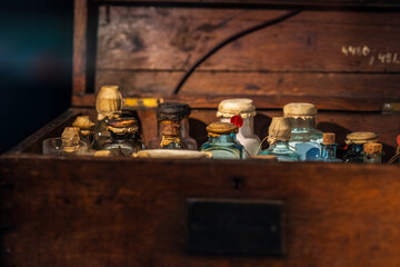 Vintage cork sealed glass medicine bottles..