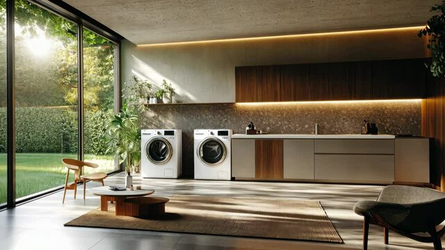 Sunlit modern laundry room transformation with nature views and stylish decor
