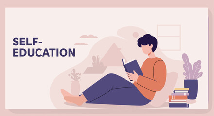 Self-education concept with man reading books at home. Minimalist colorful flat design vector