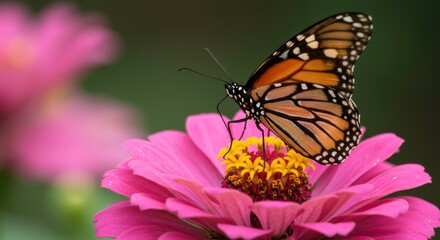 Fototapeta premium Monarch's Embrace: A majestic Monarch butterfly, its wings adorned with intricate patterns of orange, black, and white, delicately perches on a vibrant pink flower.