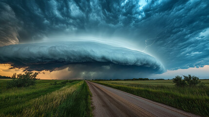 A dark lightning and thunder storm in the clouds, athmospheric wallpaper or background