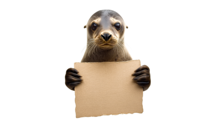 Seal with sign, curious look in studio