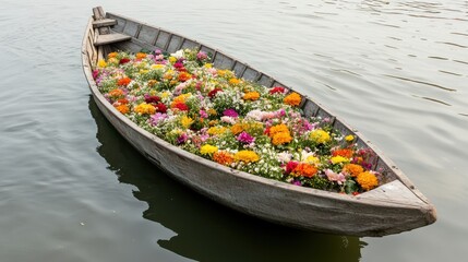 Obraz premium Vibrant Wooden Boat Filled with Colorful Flowers on Calm Water
