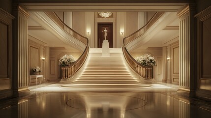 A grand staircase leads to a pedestal in a softly lit, elegant hall. © Andrii