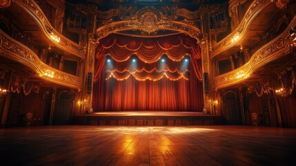 Obraz premium A grand theater stage awaits performance, illuminated by dramatic lighting and rich decor.