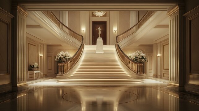 A grand staircase leads to a pedestal in a softly lit, elegant hall.