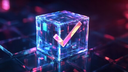 Fototapeta premium A luminous check mark inside a clear cube, created digitally with bright colors in an abstract style.