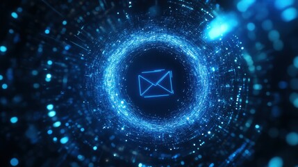 Obraz premium A luminous blue mail icon encircled by streams of digital data, representing the rapid exchange of electronic communication in a virtual, futuristic digital realm
