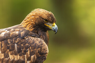 male golden eagle (Aquila chrysaetos) illuminated detail portrait from the side