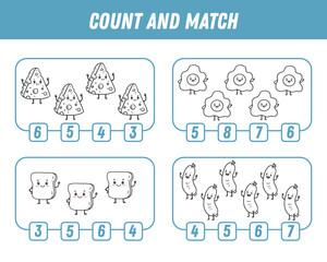 Education game for children count and match of cute Cartoon food character. Activity page. Cartoon cheese, sausage, fried egg, bread. Vector
