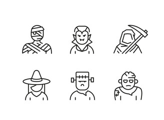 Halloween icons. Set of 6 trendy minimal icons. Pumpkin, Bat, Frankenstein, Spider, Ghost icon. Design signs for web page, mobile app, packaging design. Vector illustration