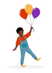 Child joyfully holding colorful balloons while wearing stylish overalls