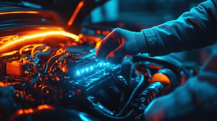 A person inspecting a modern car engine illuminated by vibrant blue and orange lights.
