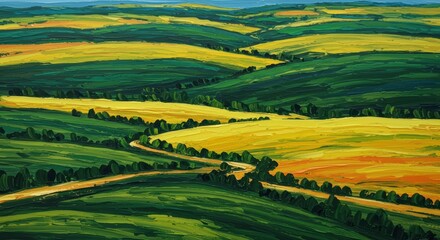 Obraz premium Rolling Hills: A breathtaking view of vibrant, rolling hills painted with rich greens and yellows, a winding path meanders through the scenic landscape, showcasing the beauty of nature. 