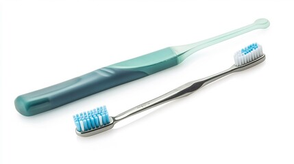 Dental hygiene instruments such probe and toothbrush isolated on a white background