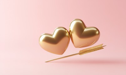 A banner template featuring two golden hearts struck by an arrow, rendered in 3D on a pink background, perfect for Valentine's Day and love celebrations.
