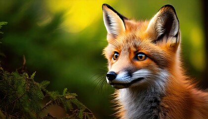 Fototapeta premium Fox observing its surroundings in a lush forest during golden hour light