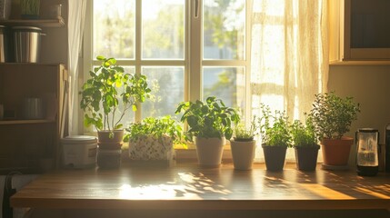 Fototapeta premium A calming home office with a wooden desk, a large window casting soft sunlight, and a few plants for a touch of nature.