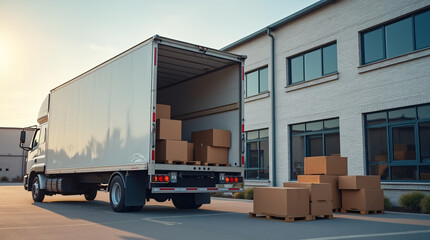 A truck can be seen unloading boxes of goods in the parking lot in front of an industrial warehouse. The rear doors of the trailer are open, and various packaging materials are visible inside
