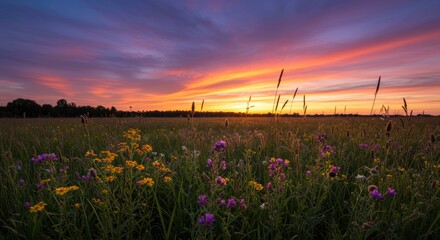 Sunset Over Blooming Meadow: The scene unfolds as vibrant wildflowers sway gently in a grassy meadow under a dramatic sunset sky, painted with streaks of orange and purple.