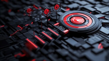 Abstract futuristic design featuring red and black geometric shapes with digital icons and patterns