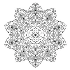 Abstract pattern in a circle. Mandala ornament. Intricate lacy pattern. The spiritual symbol of mindfulness and symmetry.  Coloring page element.
