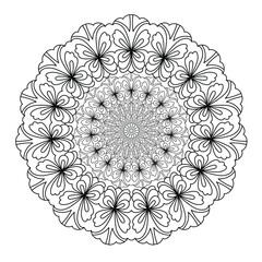 Abstract pattern in a circle. Mandala ornament. Intricate lacy pattern. The spiritual symbol of mindfulness and symmetry.  Coloring page element.