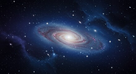 Obraz premium Spiral Galaxy in the Cosmos: A stunning spiral galaxy, a cosmic island universe teeming with stars, gas, and dust, shines brightly in the vast expanse of the cosmos.