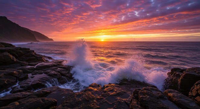 Coastal Sunrise: The ocean waves crash against the rocky shore as a beautiful sunrise paints the sky with vibrant hues.Capturing the raw power of nature's beauty.