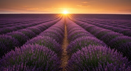 Naklejka premium Endless Lavender Fields Bathed in Golden Sunrise Light Horizon