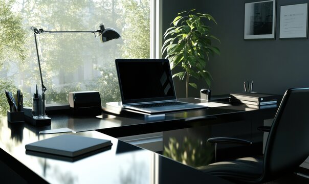 A professional workspace with sleek black desk accessories and a modern laptop, soft natural light from a nearby window adding a calming professional tone