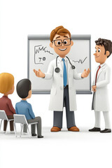 Fototapeta premium A friendly animated doctor character explaining a medical condition on a whiteboard to a group of listeners.